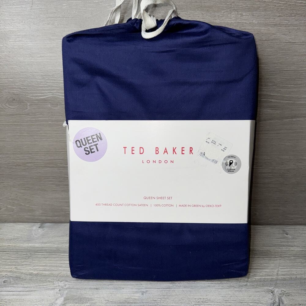New Ted Baker London QUEEN Sheet Set 400 Th Cotton Sateen Navy Blue
